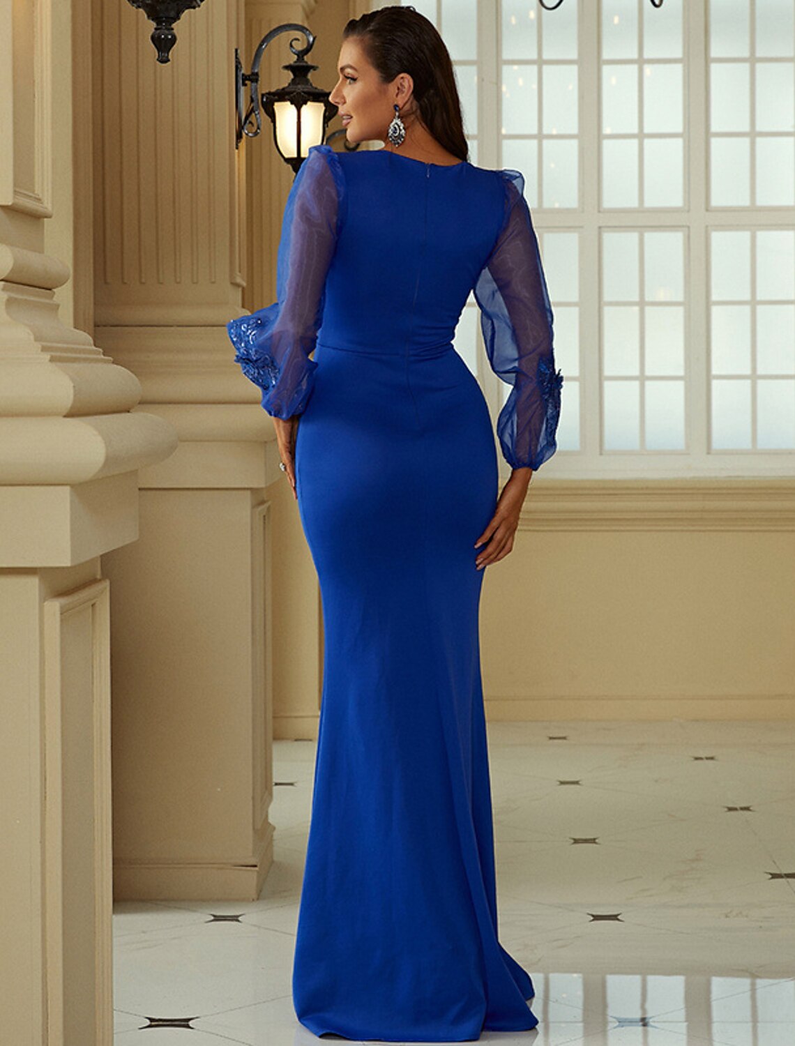 Mermaid / Trumpet Evening Gown Elegant Dress Formal Wedding Guest Sweep / Brush Train Long Sleeve Square Neck Polyester with Pure Color