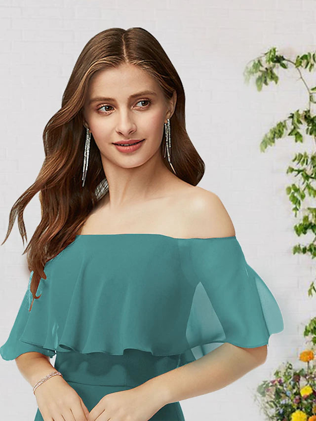 A-Line Bridesmaid Dress Off Shoulder Sleeveless Elegant Floor Length Chiffon