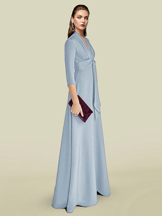 A-Line Mother of the Bride Dress Elegant V Neck Floor Length Charmeuse 3/4 Length Sleeve