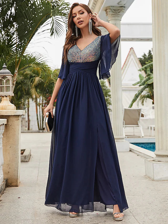A-Line Wedding Guest Dresses Sparkle & Shine Dress Party Wear Floor Length Half Sleeve V Neck Chiffon with Crystals