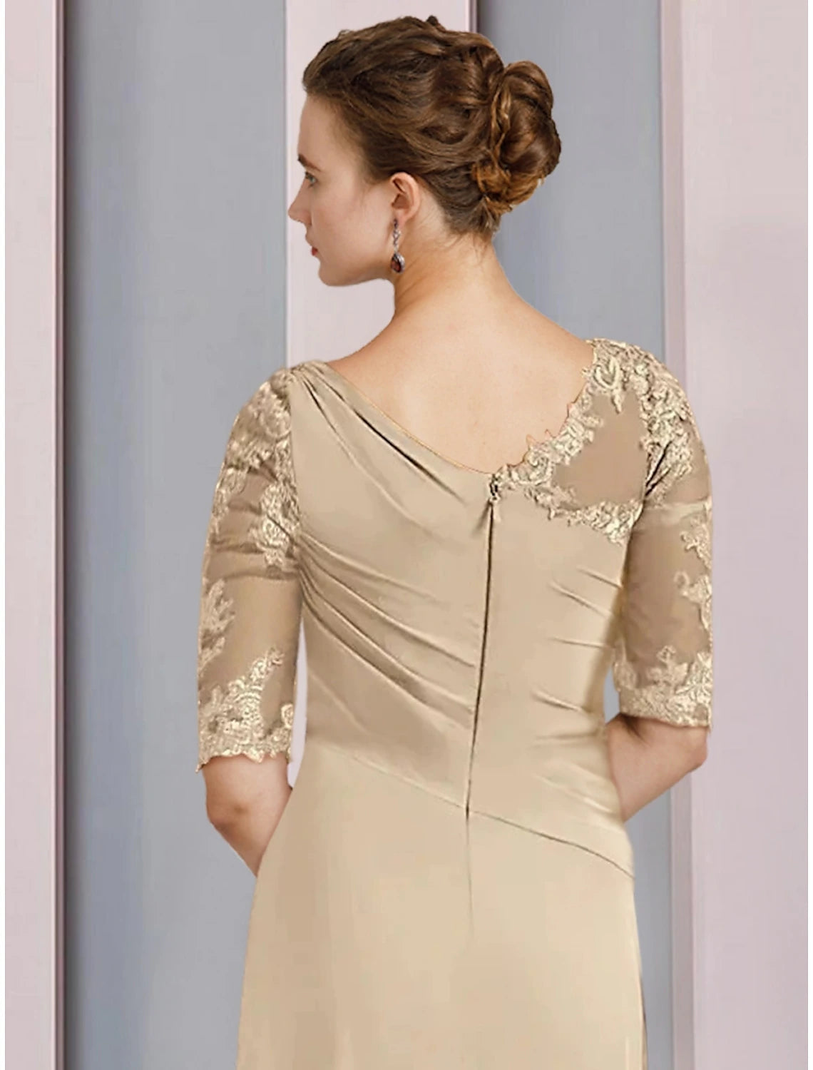 Sheath / Column Mother of the Bride Dress Wedding Guest Elegant Scoop Neck Floor Length Chiffon Half Sleeve with Lace
