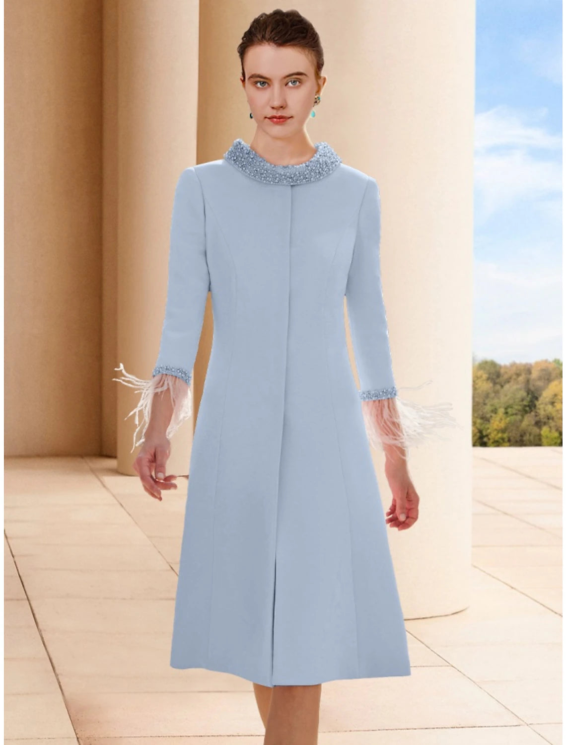 Two Piece Sheath / Column Mother of the Bride Dress Wedding Guest Elegant Petite Scoop Neck Knee Length Satin 3/4 Length Sleeve with Feather