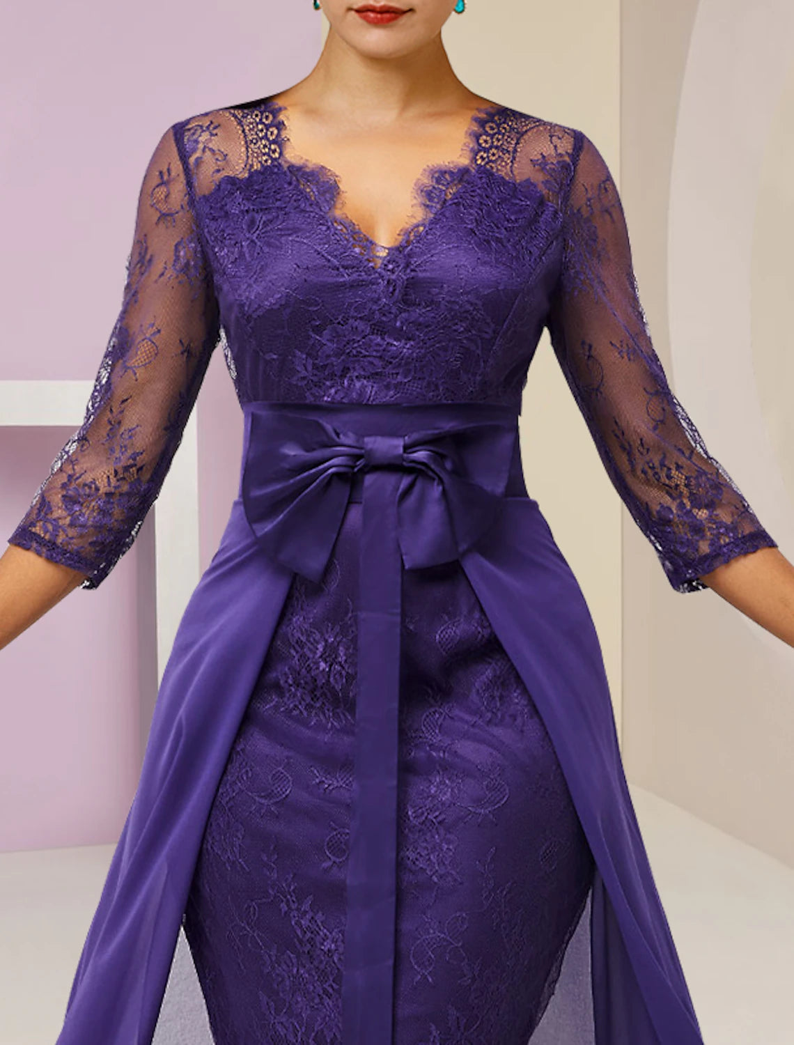 Two Piece Sheath / Column Mother of the Bride Dress Formal Fall Wedding Guest Elegant detachable V Neck Knee Length Chiffon Lace 3/4 Length Sleeve