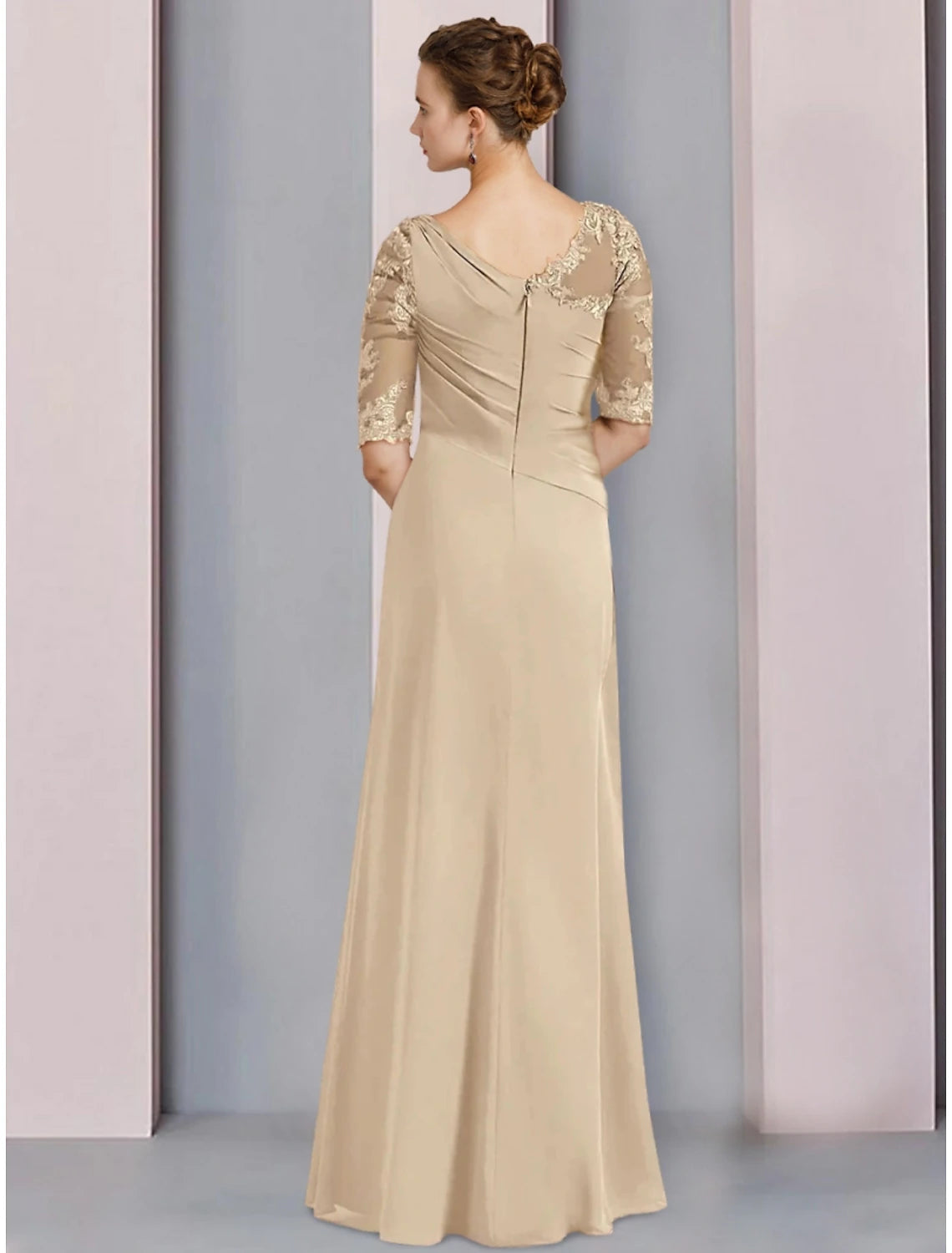 Sheath / Column Mother of the Bride Dress Wedding Guest Elegant Scoop Neck Floor Length Chiffon Half Sleeve with Lace