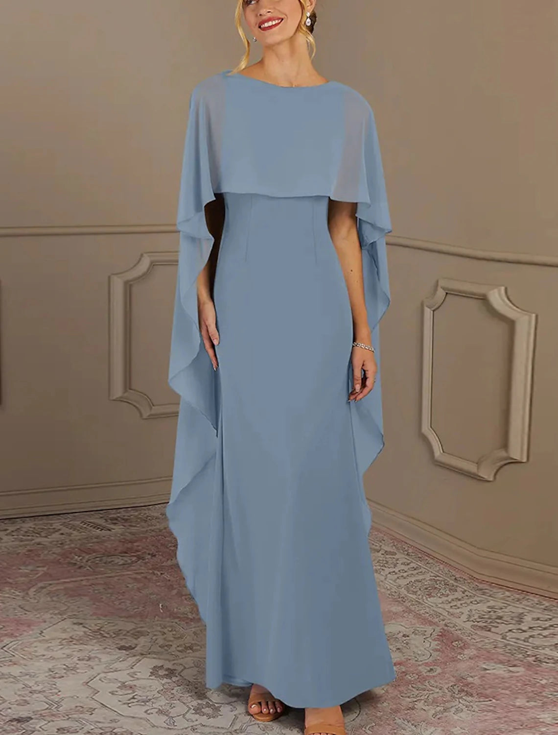Sheath / Column Mother of the Bride Dress Formal Wedding Guest Elegant Simple Jewel Neck Floor Length Chiffon Sleeveless with Side Draping