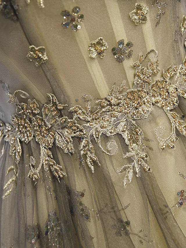 A-Line Evening Gown Elegant Dress Wedding Guest Floor Length Short Sleeve Illusion Neck Tulle