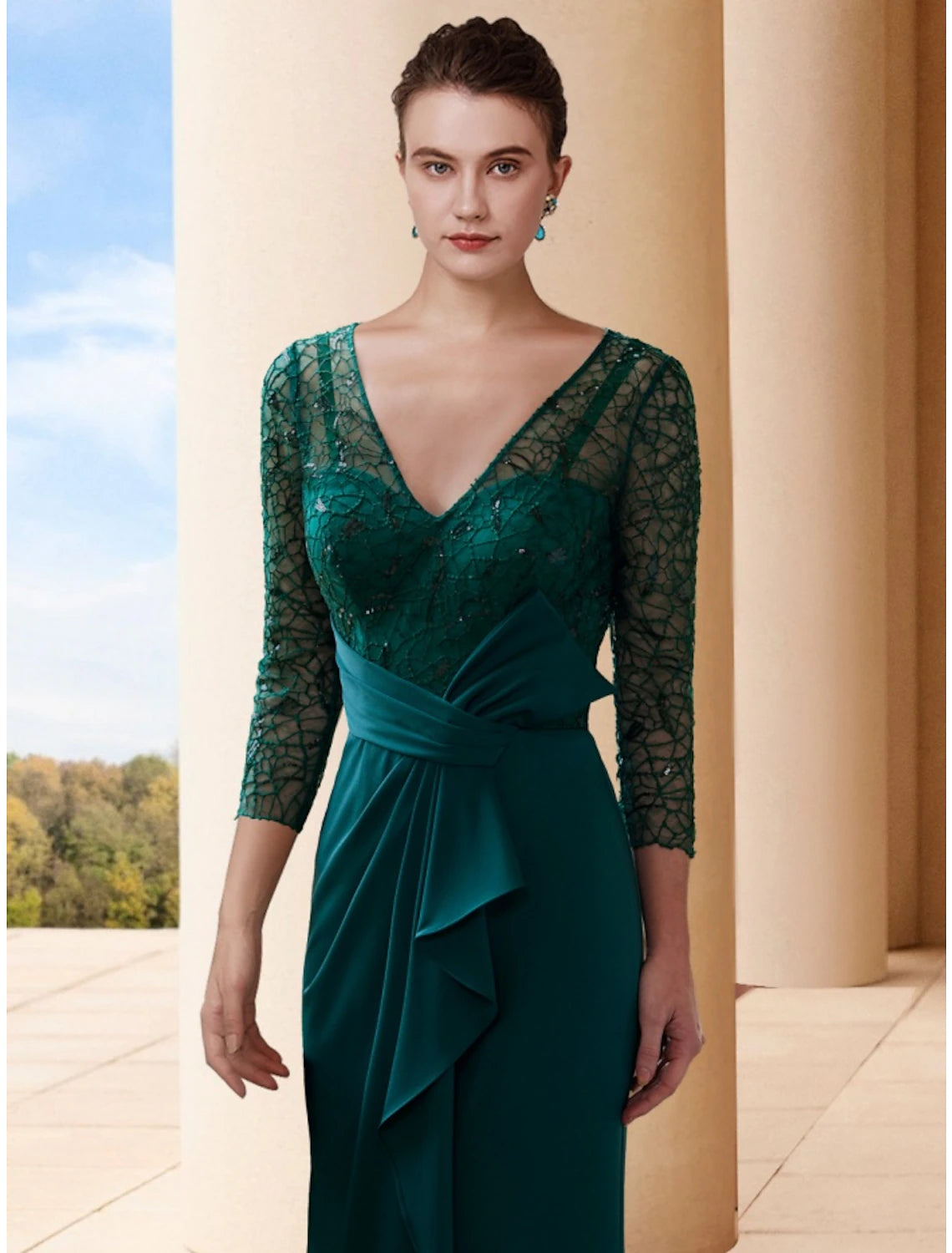 A-Line Mother of the Bride Dress Wedding Guest Elegant V Neck Sweep / Brush Train Stretch Chiffon 3/4 Length Sleeve with Bow(s)