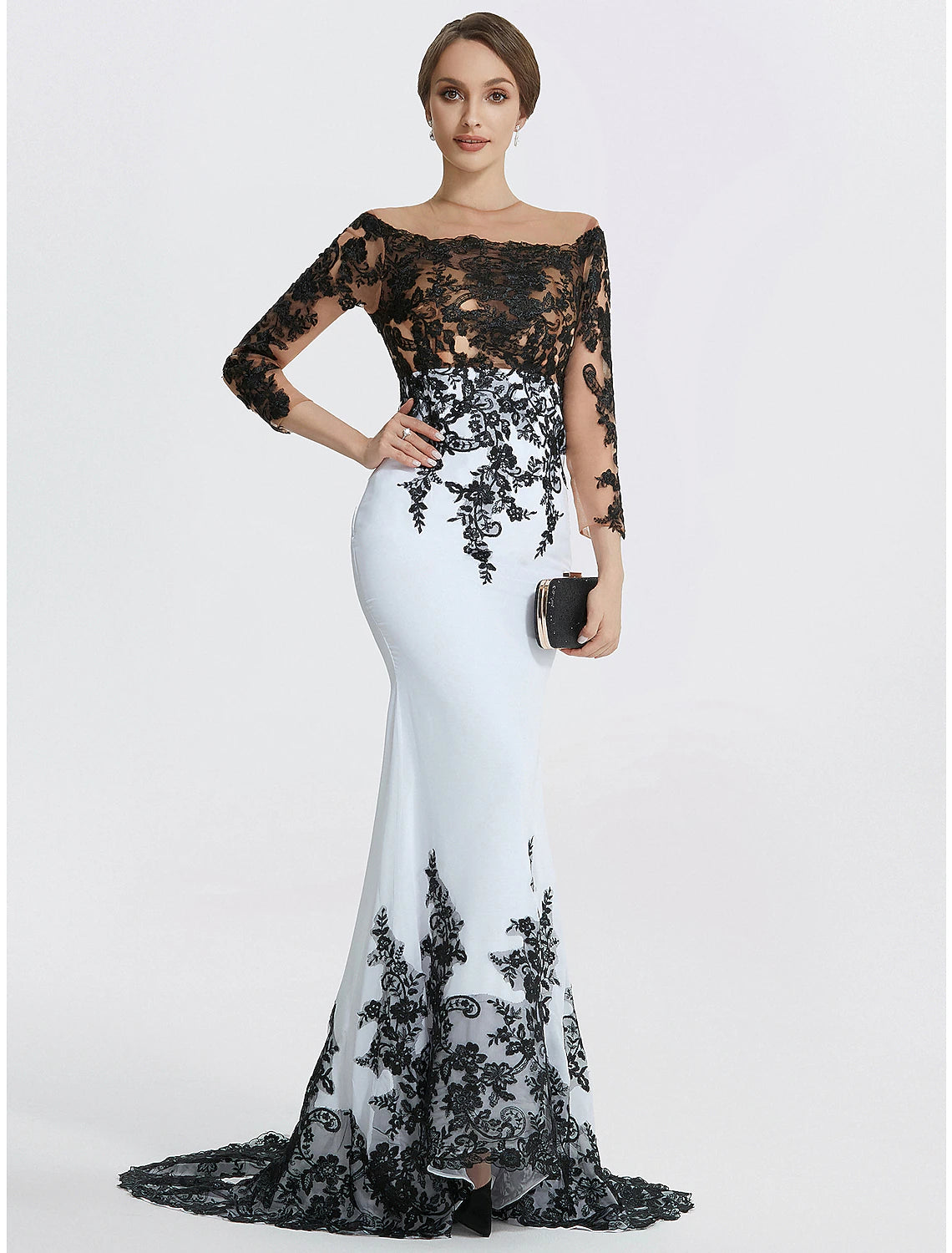 Mermaid Evening Gown Elegant Black Dress Masquerade Black Tie Colorblock Sweep / Brush Train Long Sleeve Jewel Neck Chiffon