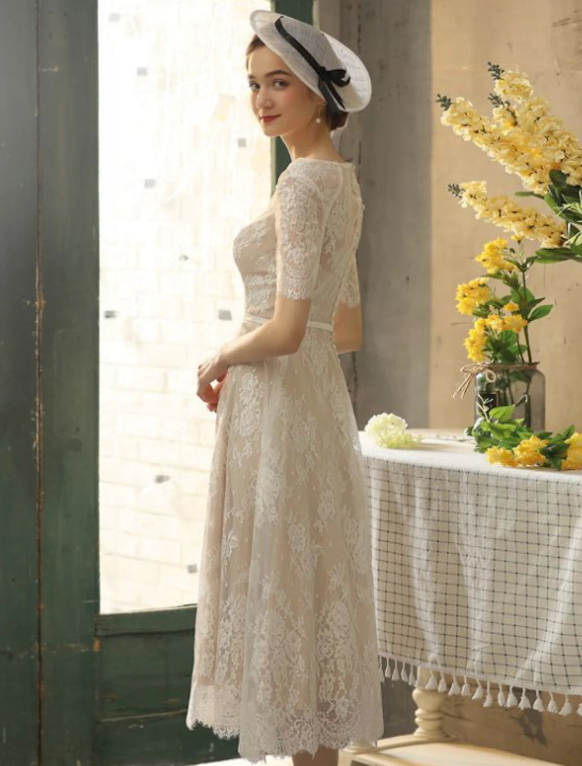 Reception Fall Wedding Dresses Little White Dresses in Color A-Line Illusion Neck Half Sleeve Tea Length Lace Bridal Gowns With Sash / Ribbon Appliques