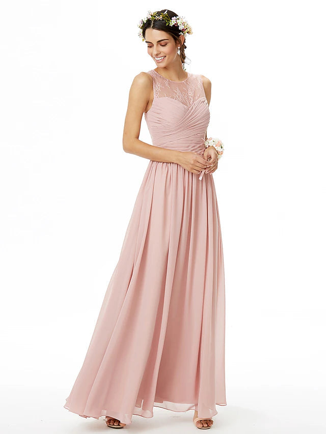 A-Line Bridesmaid Dress Jewel Neck Sleeveless See Through Floor Length Chiffon / Lace with Lace / Criss Cross