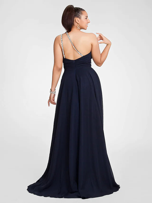 A-Line Cut Out Dress Wedding Guest Sweep / Brush Train Sleeveless One Shoulder Chiffon with Ruched