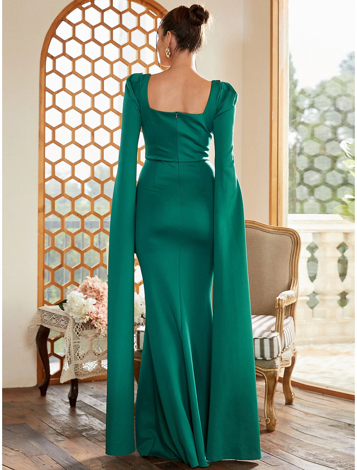 Sheath / Column Evening Gown Elegant Dress Formal Fall Floor Length Long Sleeve Square Neck Stretch Fabric