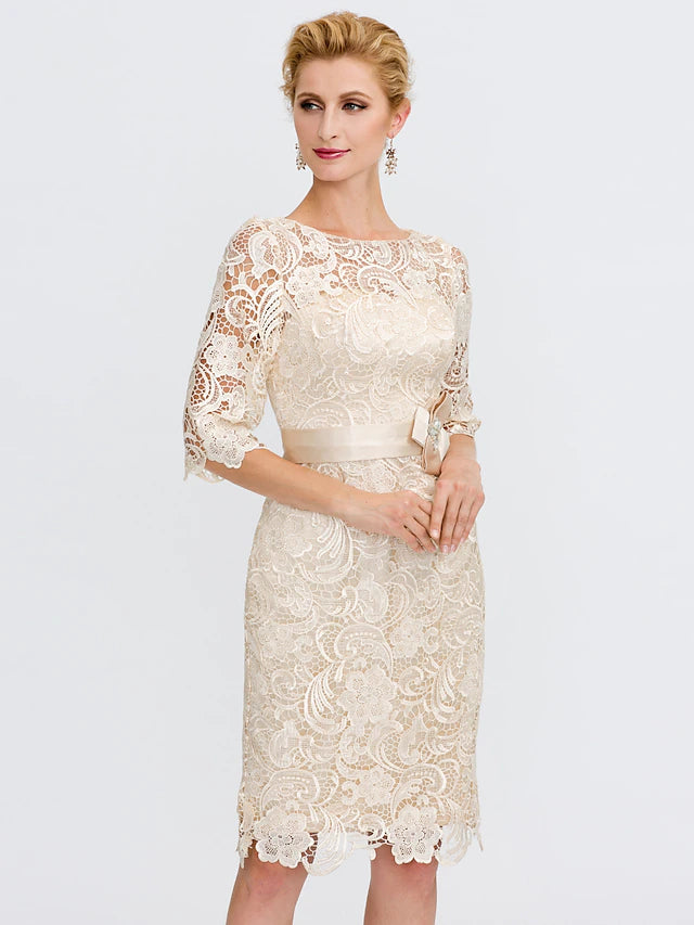 Sheath / Column Mother of the Bride Dress Formal Wedding Guest Plus Size Elegant Illusion Neck Knee Length All Over Lace 3/4 Length Sleeve
