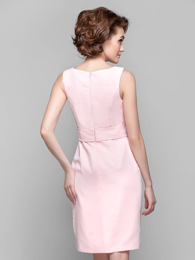 Sheath / Column Mother of the Bride Dress Jewel Neck Knee Length Chiffon Sleeveless with Crystals Beading