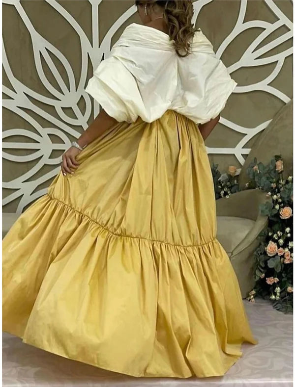 A-Line Evening Gown Elegant Dress Formal Sweep / Brush Train Formal Red Green Dress Half Sleeve Off Shoulder Satin with Slit