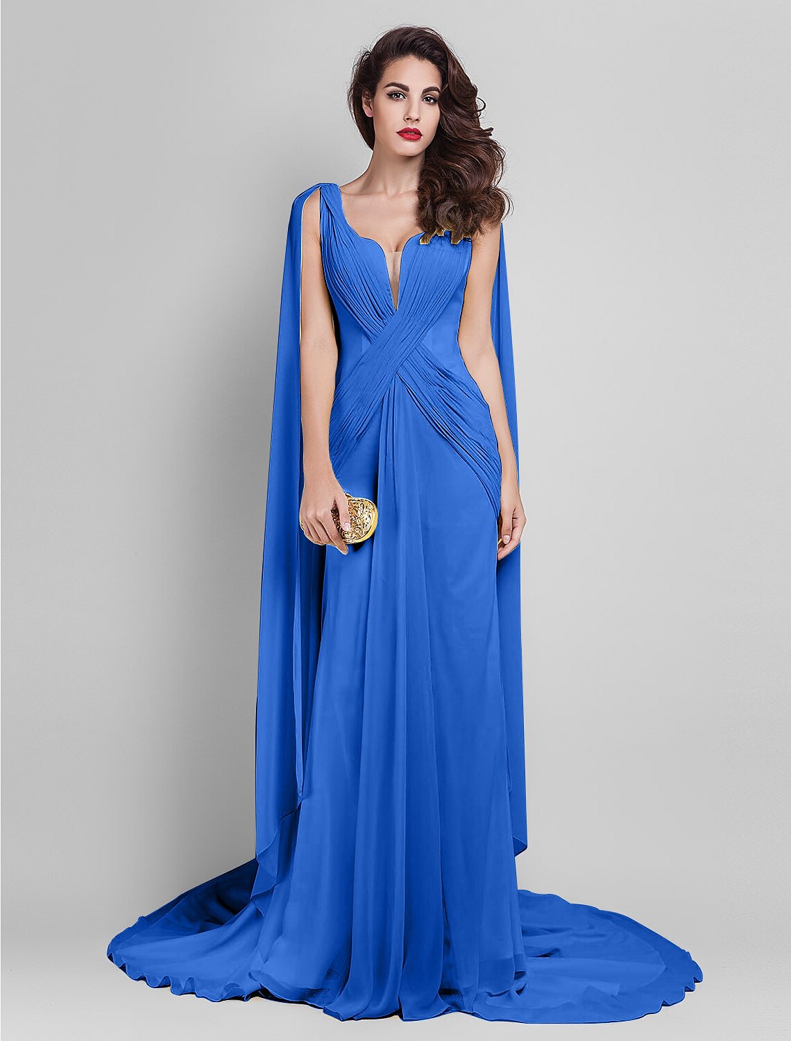 Sheath / Column Elegant Dress Wedding Guest Court Train Sleeveless Plunging Neck Georgette V Back with Criss Cross Side