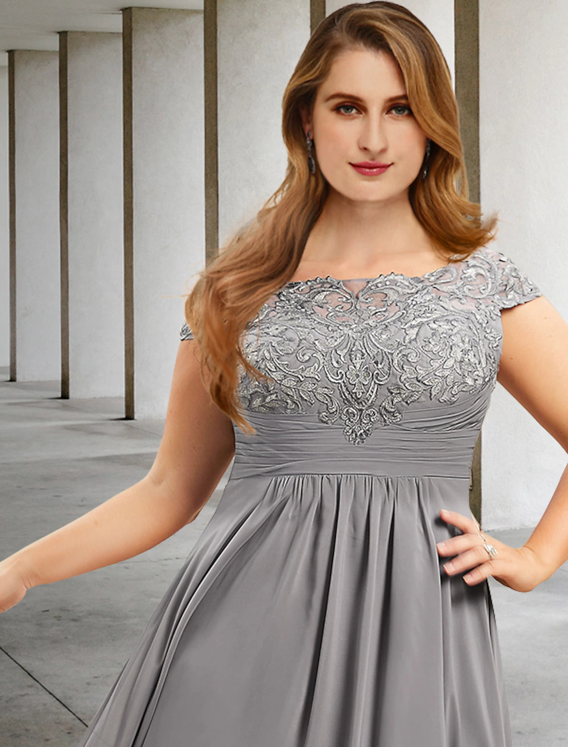 A-Line Plus Size Curve Mother of the Bride Dresses Elegant Dress Formal Wedding Guest Tea Length Short Sleeve Jewel Neck Chiffon with Pleats Ruched
