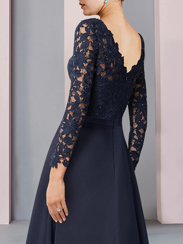 Sheath / Column Mother of the Bride Dress Wedding Guest Vintage Elegant V Neck Asymmetrical Chiffon Lace Long Sleeve