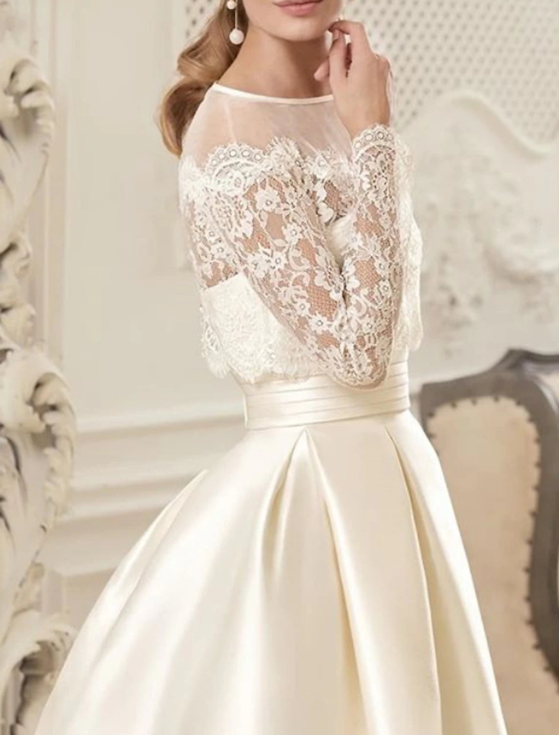 Engagement Vintage 1940s / 1950s Formal Fall Wedding Dresses A-Line Illusion Neck Long Sleeve Floor Length Satin Bridal Gowns