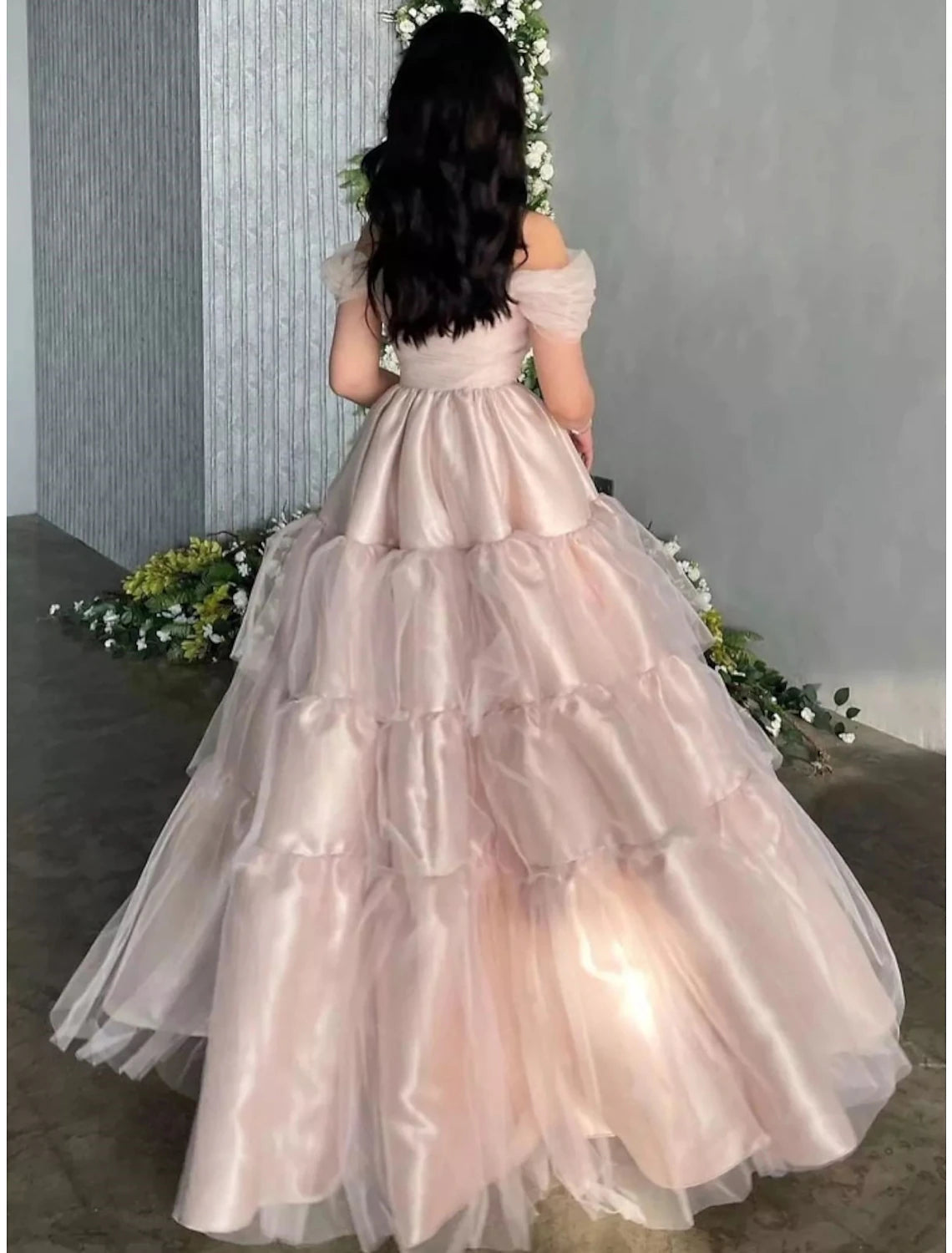 A-Line Evening Gown Princess Dress Formal Floor Length Short Sleeve Off Shoulder Satin