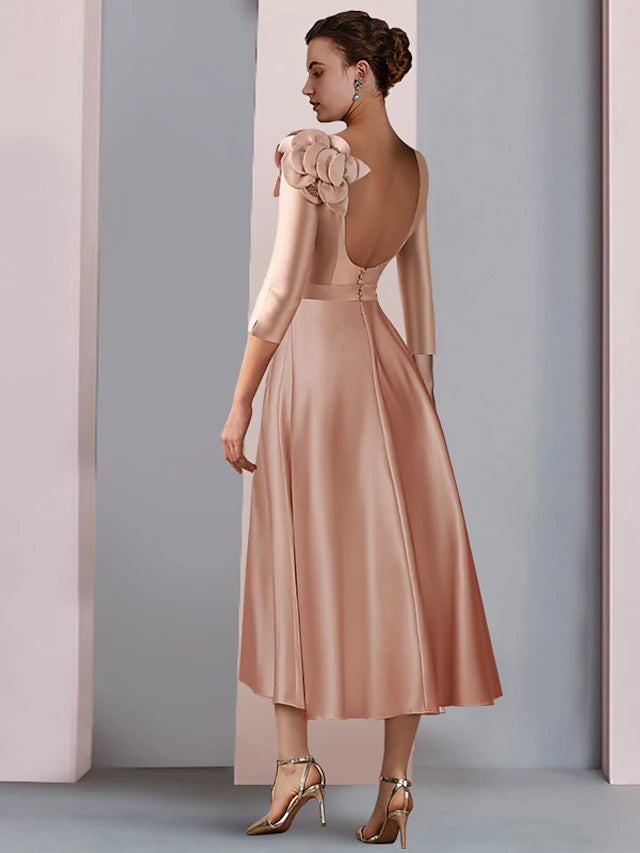A-Line Mother of the Bride Dress Formal Wedding Guest Party Elegant V Neck Tea Length Satin Lace Half Sleeve with Flower Beautiful