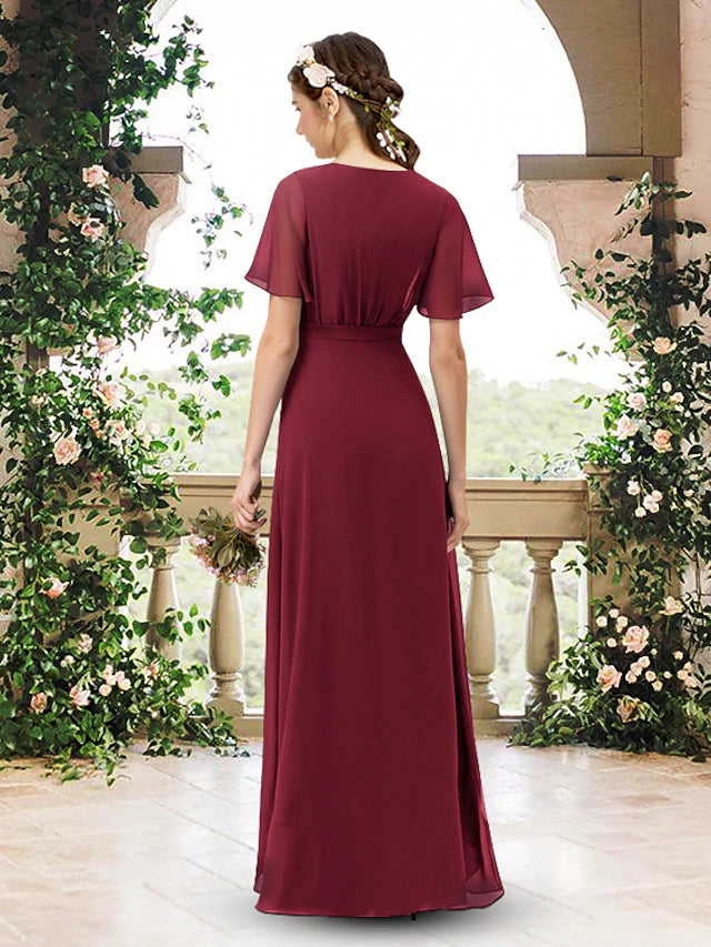 A-Line Bridesmaid Dress V Neck Short Sleeve Elegant Asymmetrical / Floor Length Chiffon