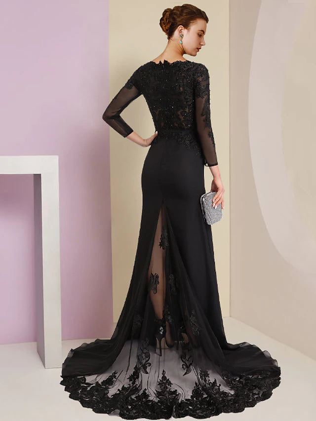 Sheath / Column Mother of the Bride Dress Wedding Guest Vintage Party V Neck Court Train Chiffon Lace Long Sleeve