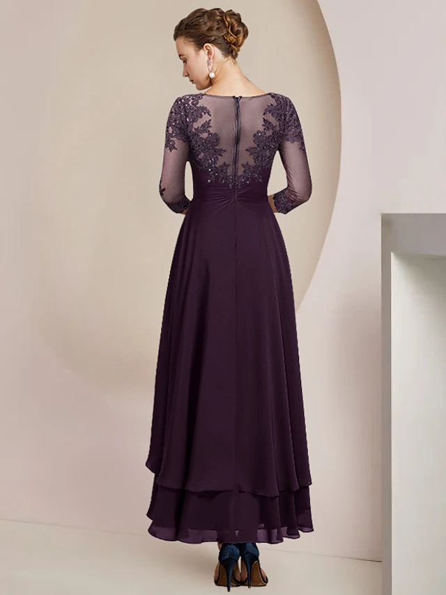 A-Line Mother of the Bride Dress Formal Wedding Guest Elegant High Low Scoop Neck Asymmetrical Tea Length Chiffon Lace 3/4 Length Sleeve with Sequin Tier