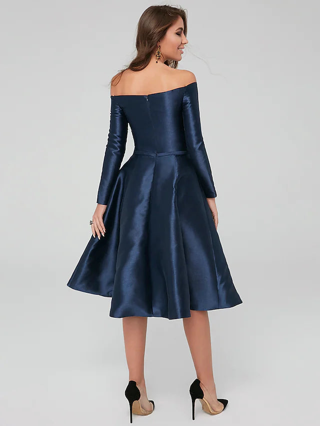 A-Line Special Occasion Dresses Party Dress Wedding Guest Knee Length Long Sleeve Off Shoulder Satin