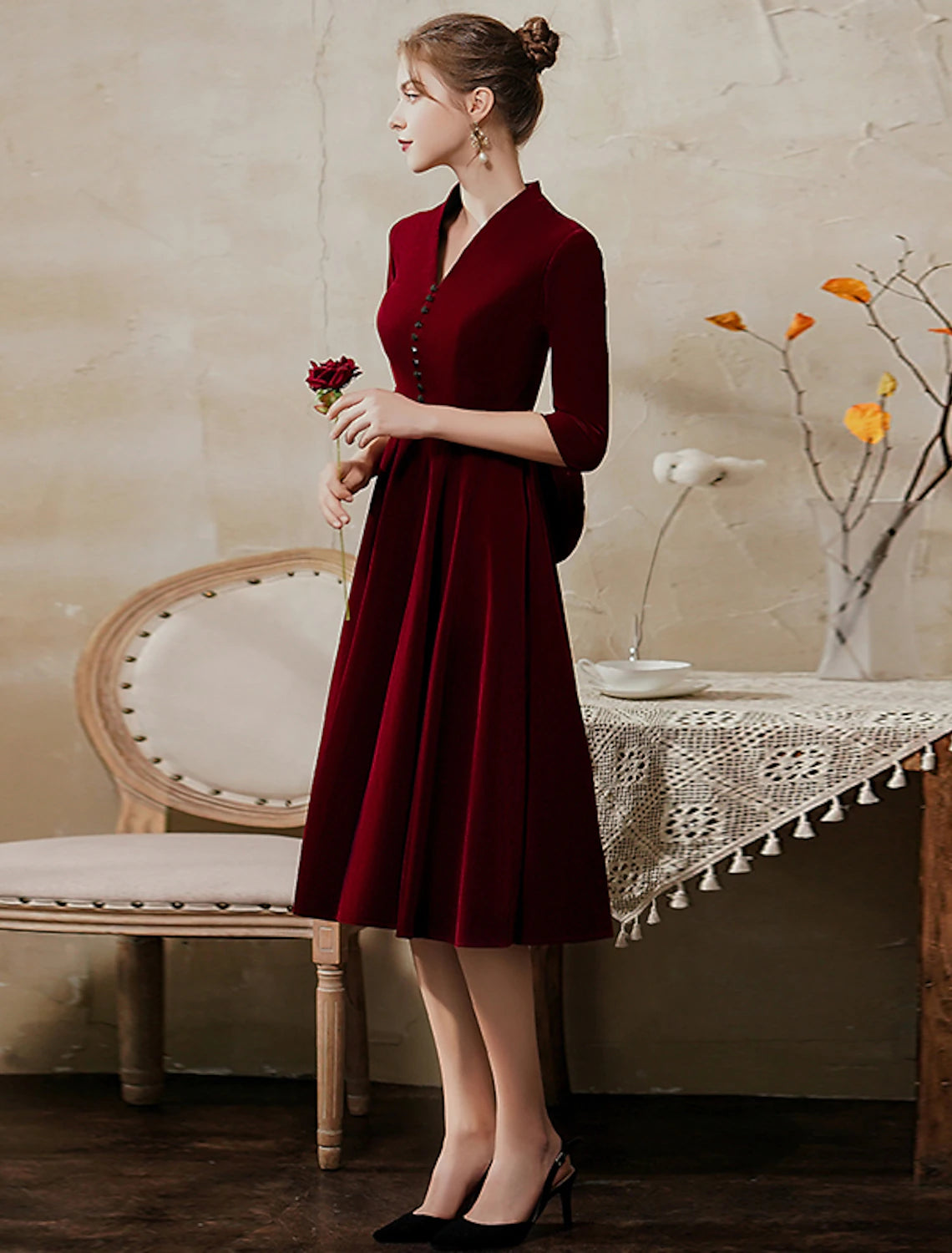 A-Line Minimalist Vintage Party Wear Cocktail Party Dress V Neck Half Sleeve Tea Length Velvet