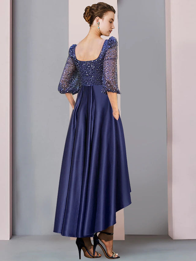 Sheath / Column Mother of the Bride Dress Formal Wedding Guest Elegant Sparkle & Shine High Low Square Neck Asymmetrical Tea Length Satin Lace Half Sleeve with Pleats Beading