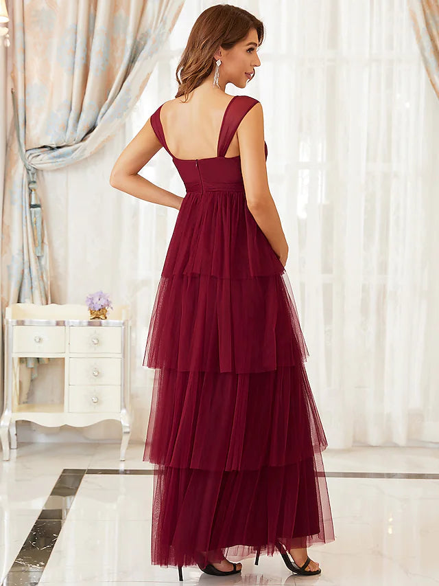 A-Line Maternity Cute Formal Evening Dress V Neck Sleeveless Floor Length Tulle with Tier