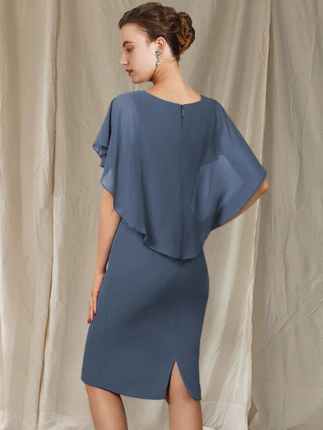 Sheath / Column Mother of the Bride Dress Simple Elegant V Neck Knee Length Chiffon Short Sleeve