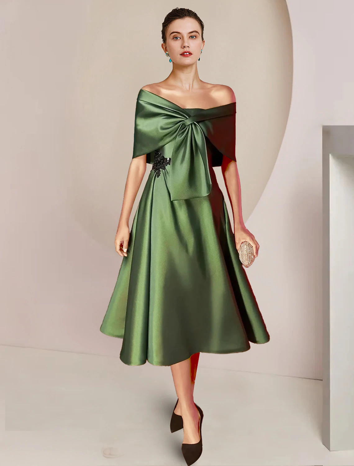 Two Piece A-Line Mother of the Bride Dress Formal Wedding Guest Party Elegant Strapless Tea Length Satin Sequined Sleeveless Shawls