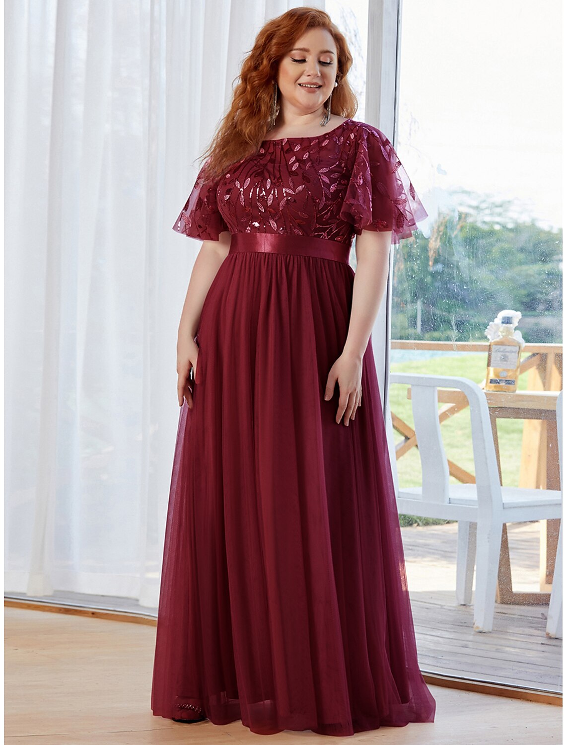 A-Line Prom Dresses Vintage Dress Prom Floor Length Short Sleeve Jewel Neck Tulle with Sequin Ruffles