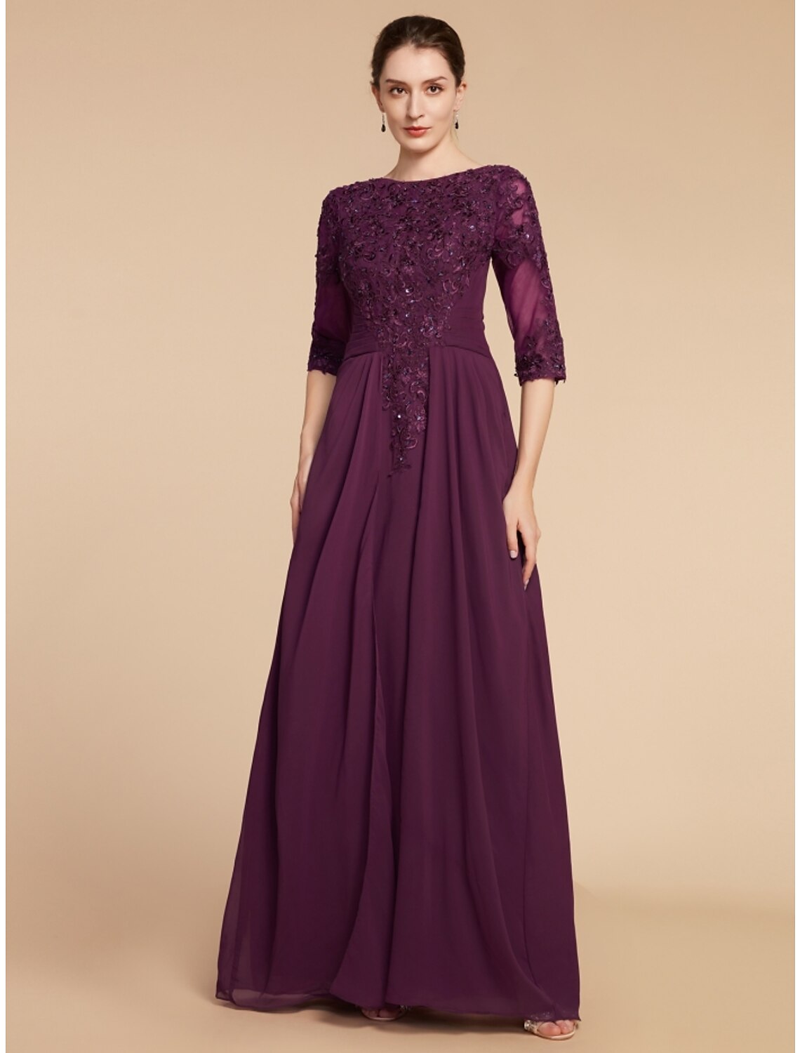 Sheath / Column Mother of the Bride Dress Wedding Guest Elegant Scoop Neck Floor Length Chiffon Lace Half Sleeve with Pleats