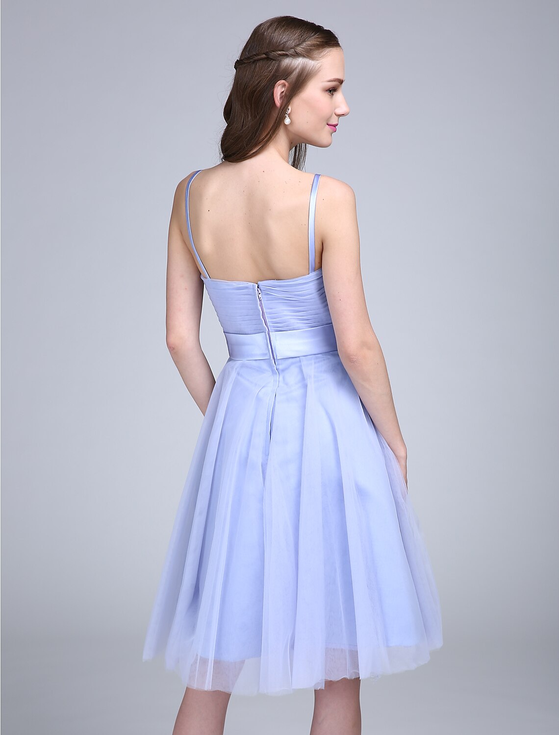 A-Line Bridesmaid Dress Spaghetti Strap Sleeveless Knee Length Tulle with Bow(s) Cross