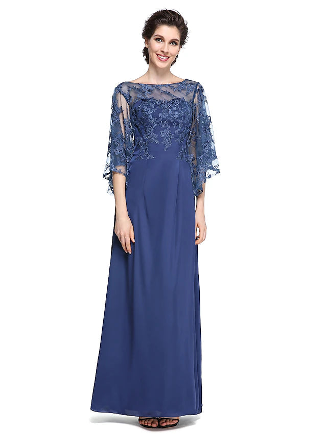 Sheath / Column Mother of the Bride Dress Elegant See Through Bateau Neck Ankle Length Chiffon Lace Half Sleeve