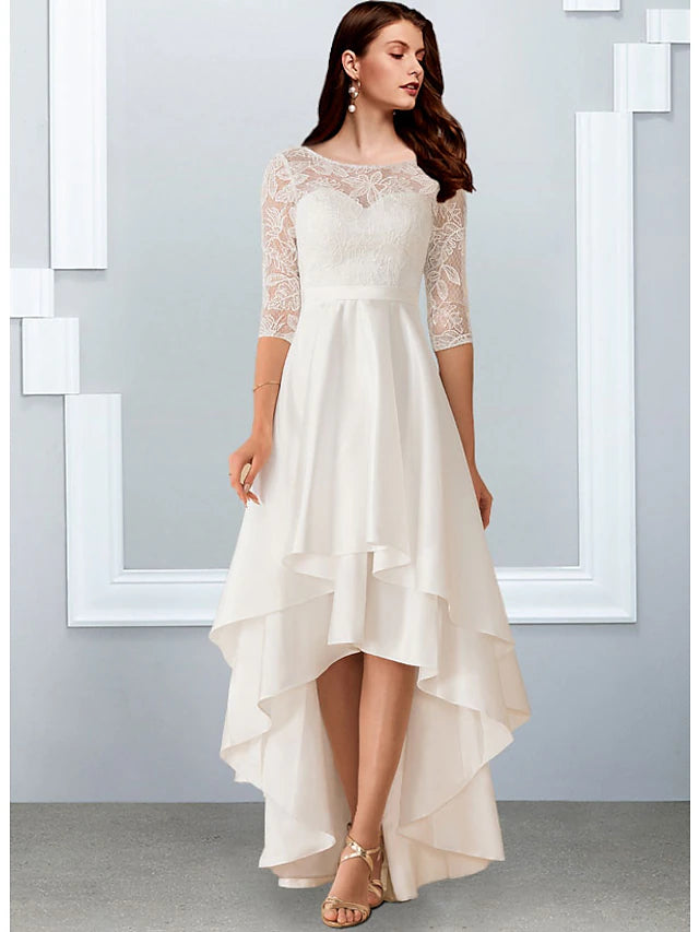 Bachelorette Party Little White Dresses Wedding Dresses Asymmetrical A-Line Half Sleeve Illusion Neck Chiffon With Cascading