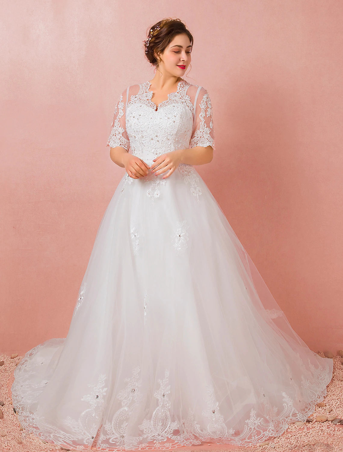 Hall Wedding Dresses A-Line V Neck Half Sleeve Cathedral Train Satin Bridal Gowns With Lace