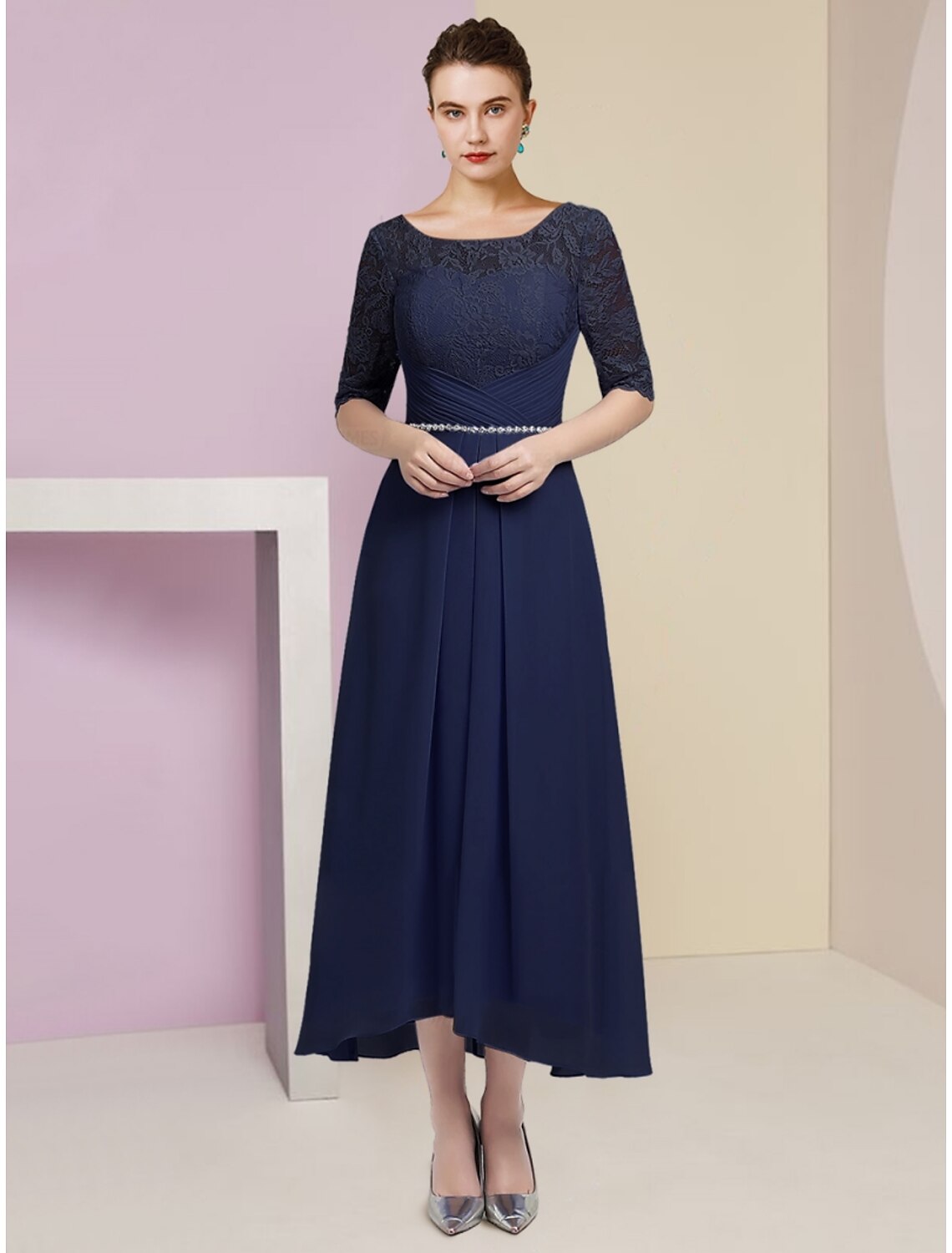 A-Line Mother of the Bride Dress Wedding Guest Elegant Scoop Neck Ankle Length Stretch Chiffon Half Sleeve with Crystals