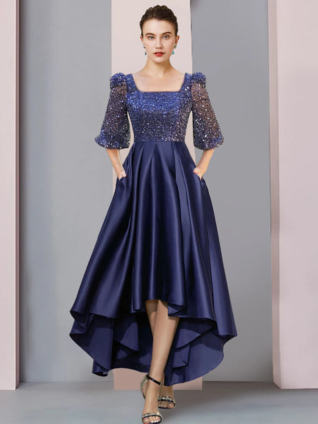 Sheath / Column Mother of the Bride Dress Formal Wedding Guest Elegant Sparkle & Shine High Low Square Neck Asymmetrical Tea Length Satin Lace Half Sleeve with Pleats Beading