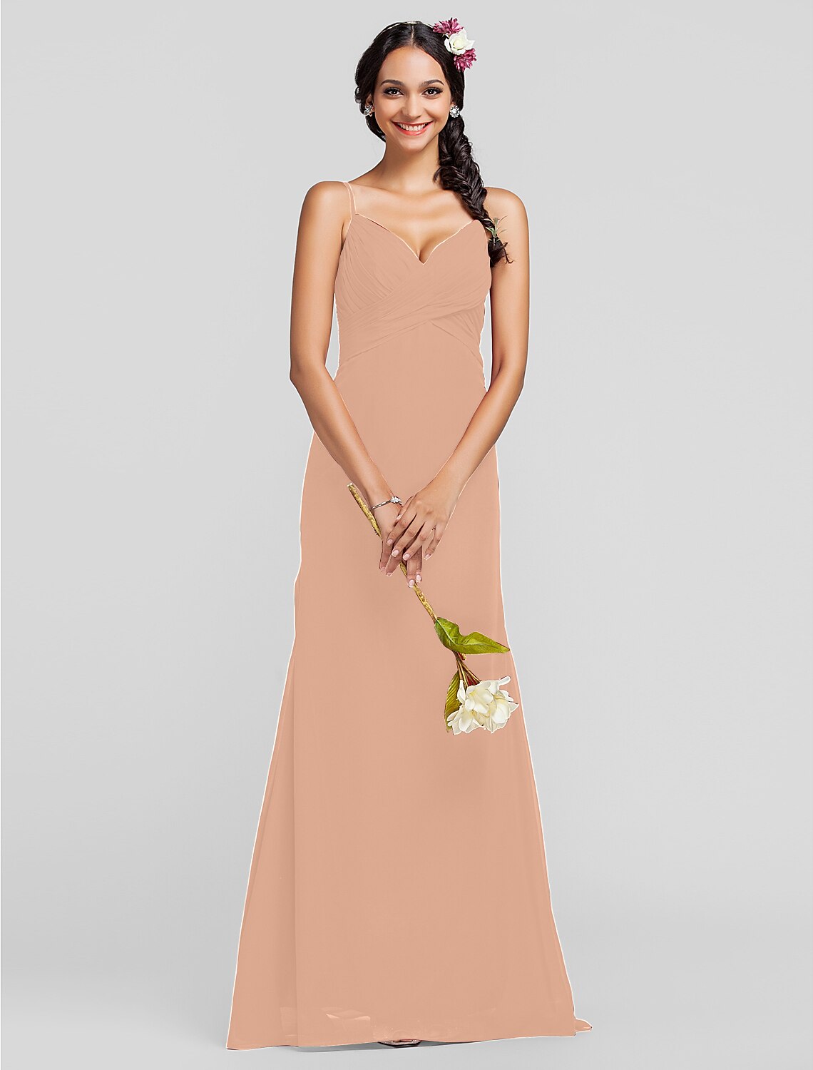 Sheath Spaghetti Strap Floor Length Chiffon Bridesmaid Dress with Criss Cross