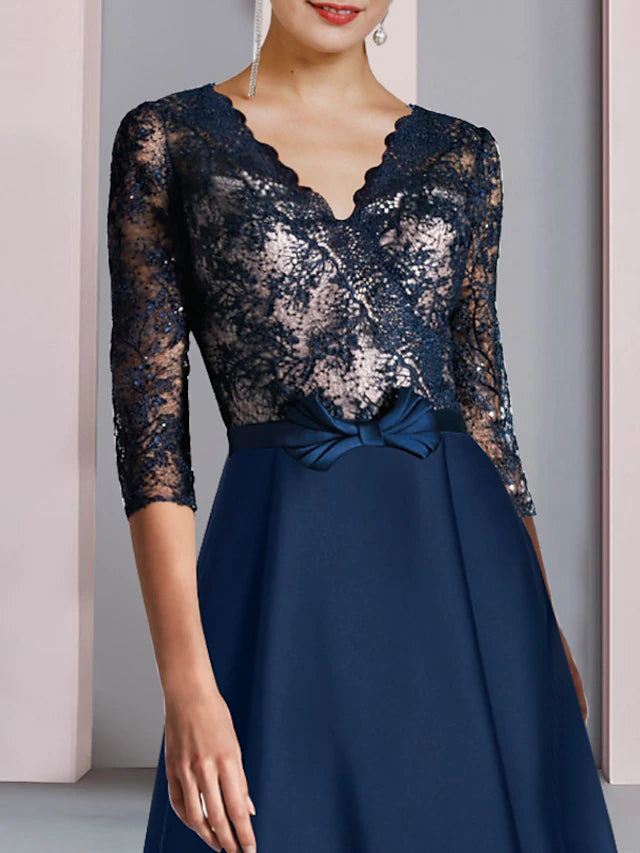 A-Line Mother of the Bride Dress Wedding Guest Elegant High Low V Neck Asymmetrical Tea Length Satin Lace Half Sleeve with Bow(s) Color