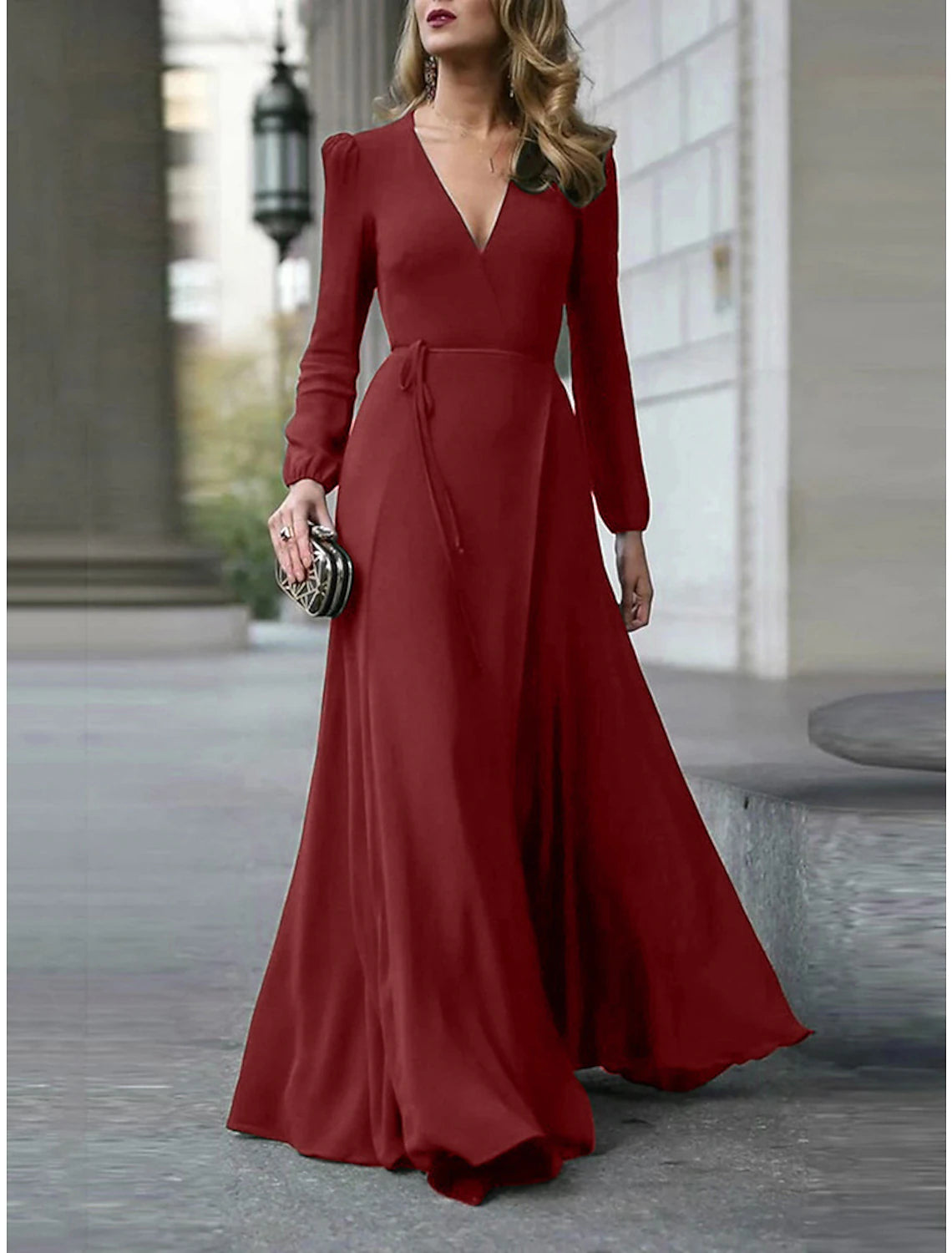 A-Line Minimalist Elegant Wedding Guest Formal Evening Dress V Neck Long Sleeve Floor Length Stretch Chiffon with Strappy