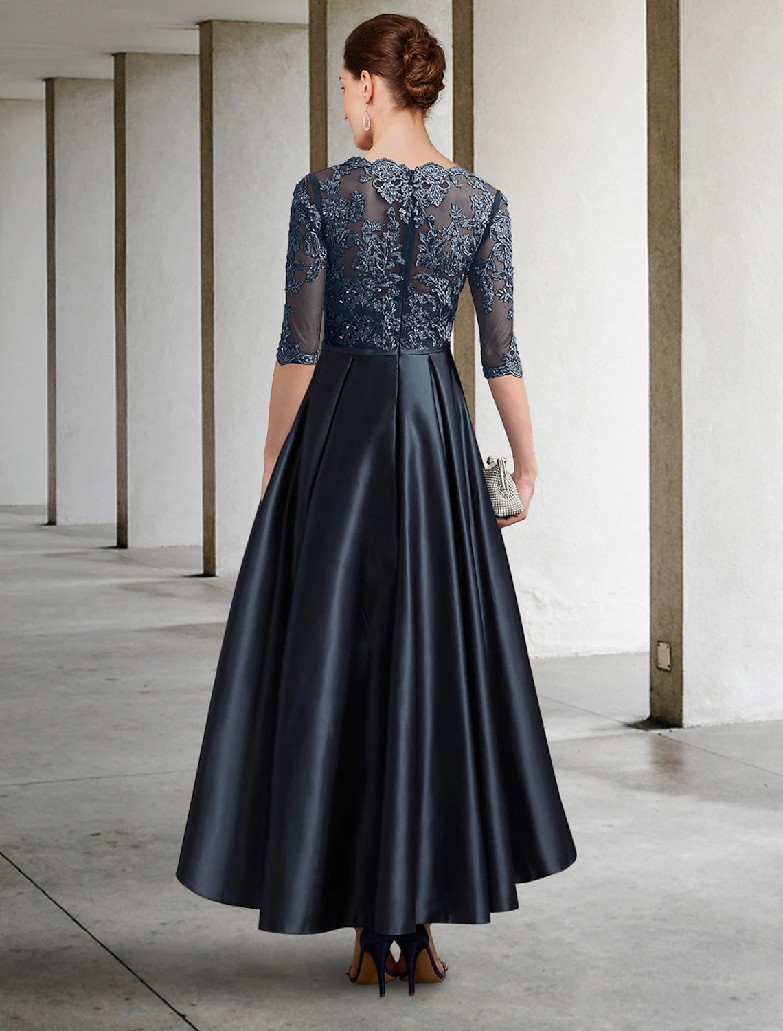 A-Line Mother of the Bride Dress Formal Wedding Guest Elegant Jewel Neck Asymmetrical Lace Italy Satin Half Sleeve with Lace