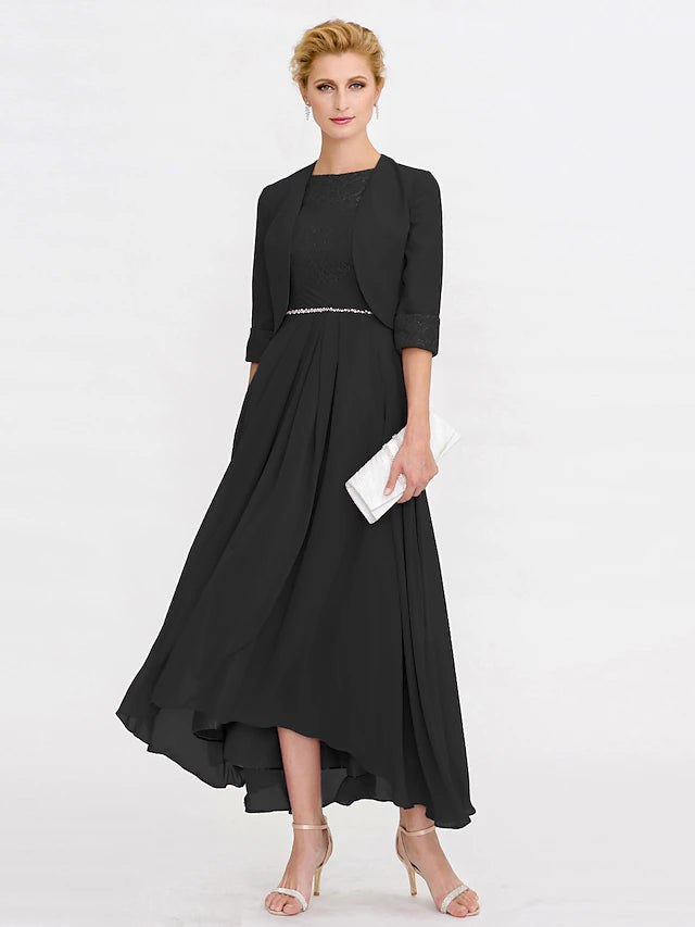 Two Piece Ball Gown A-Line Mother of the Bride Dress Formal Church Convertible Dress High Low See Through Illusion Neck Asymmetrical Chiffon Lace 3/4 Length Sleeve