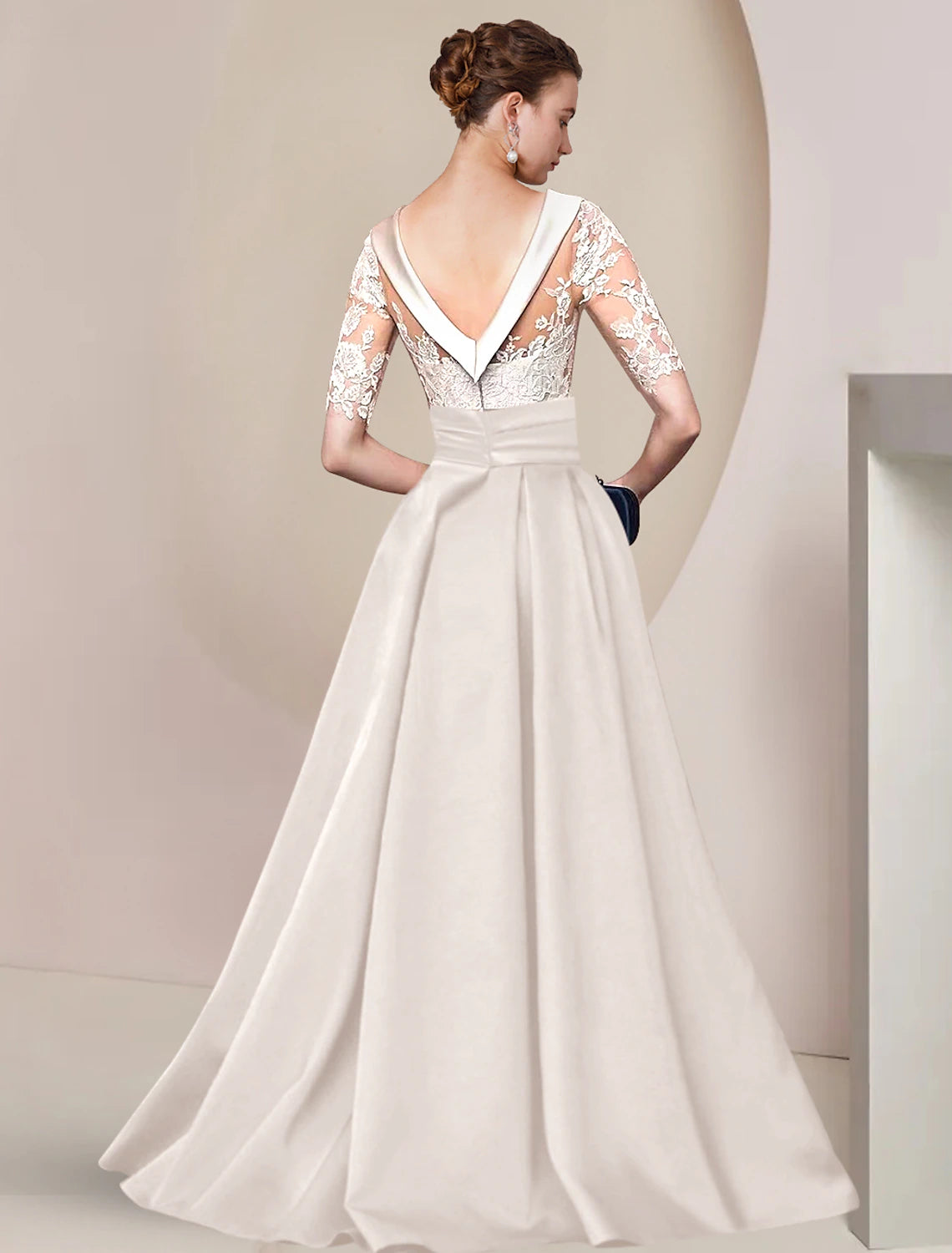 A-Line Mother of the Bride Dress Formal Wedding Guest Elegant Scoop Neck Sweep / Brush Train Satin Lace Half Sleeve with Ruched