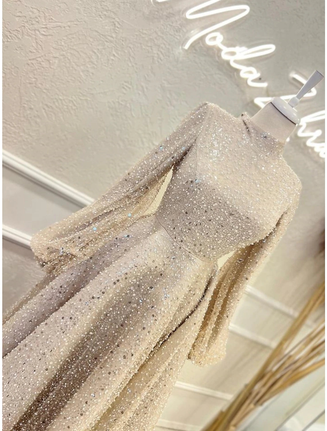A-Line Evening Gown Elegant Dress Formal Ankle Length Long Sleeve High Neck Sequined with Glitter