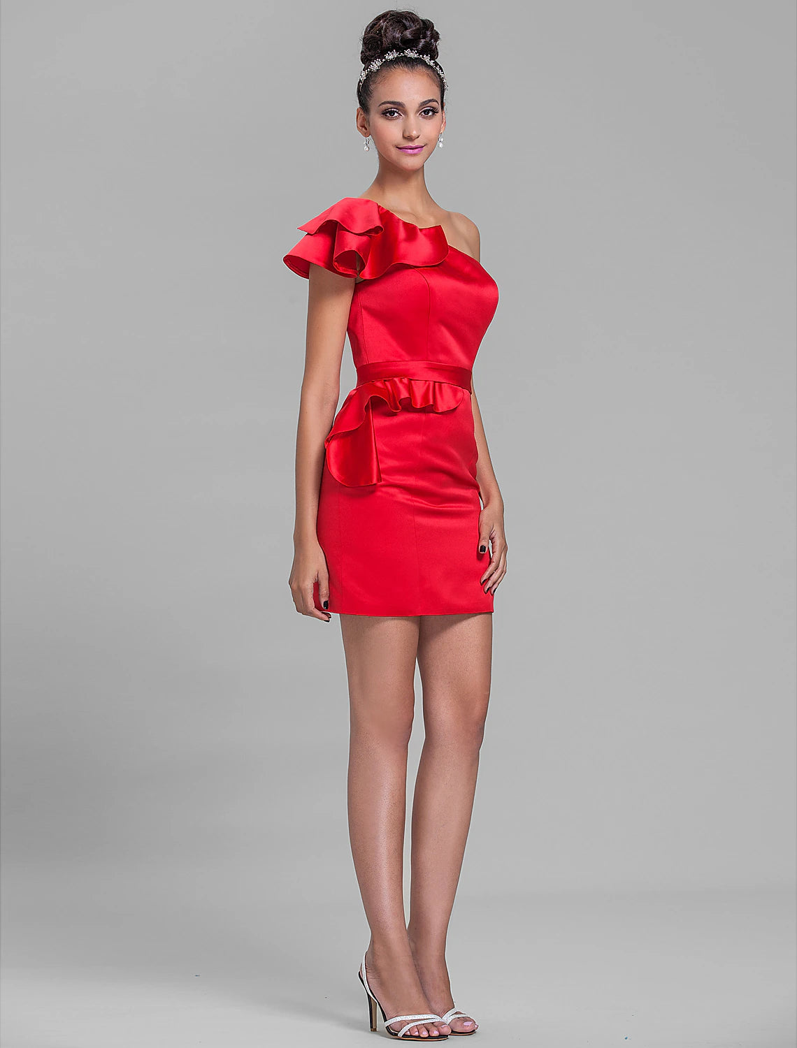 Sheath / Column One Shoulder Short / Mini Satin Bridesmaid Dress with Sash / Ribbon